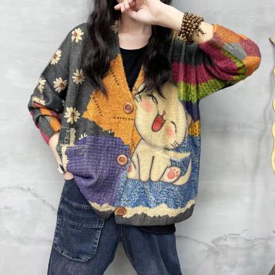 New Autumn Plus Size Sweaters Cardigan Oversize Women Pattern Floral Cartoon Printing Sweaters Knitting Loose Sweater