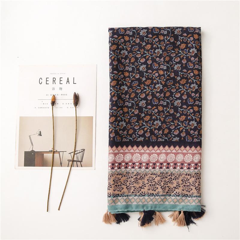 Luxury Retro Bohemian Floral Women Viscose Scarf Designer Shawl Cotton Linen Feeling Tassel Pashmina Muslim Hijab Wrap