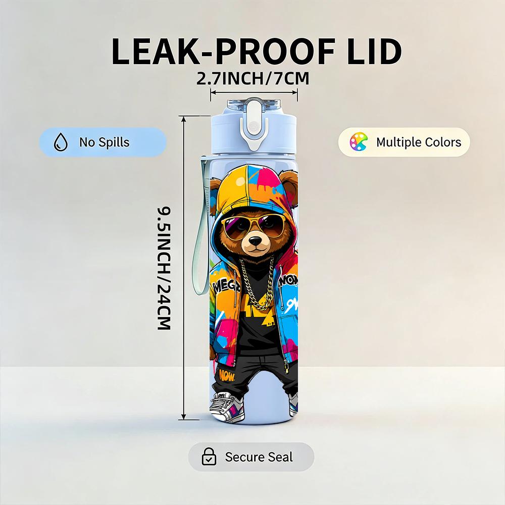 1PC Streetwear Bear Splash Color Figure 750ml Color Plastic Water Bottle Leakproof Flip Straw Lid For Sports Office Home Use