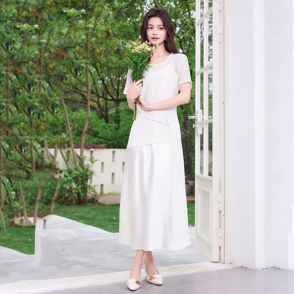 2026 Summer New French Lazy Style Hollow Knitted Hoodie, Satin Strap Skirt, Slimming Style Set for Women