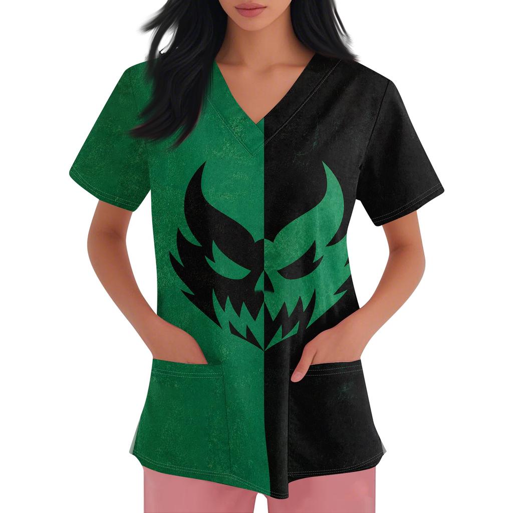 Women's Halloween Print Short Sleeve V-Neck Scrub Top with Pocket