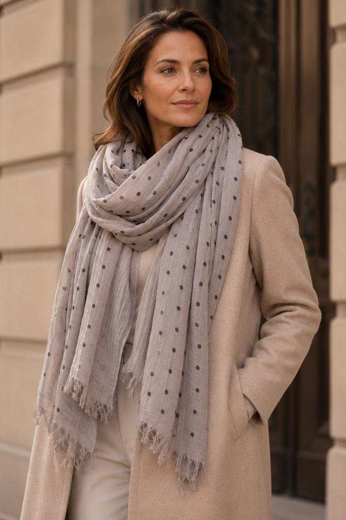 Gray-Beige Polka Dot Scarf - 50% Viscose, 50% Cotton