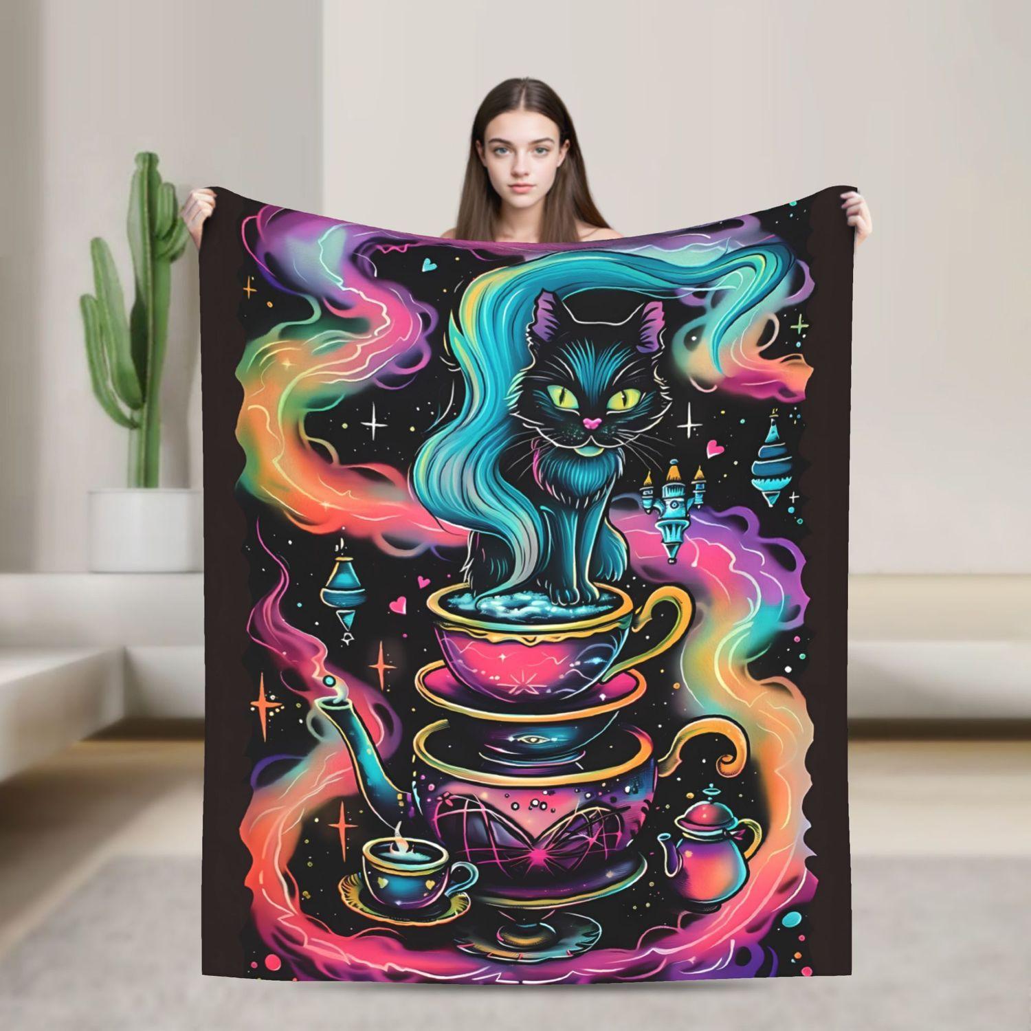 

Whimsical Black Cat Blanket - Teacup Print Soft Flannel Decor Throw 70x100cm