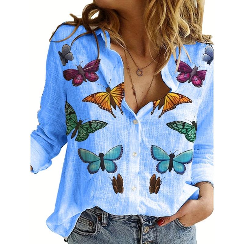 Fashion Retro Butterfly Group Print Long Sleeve Blouse Spring Spring Lapel Button Casual Blouse Ladies 5Xl Home Shirt