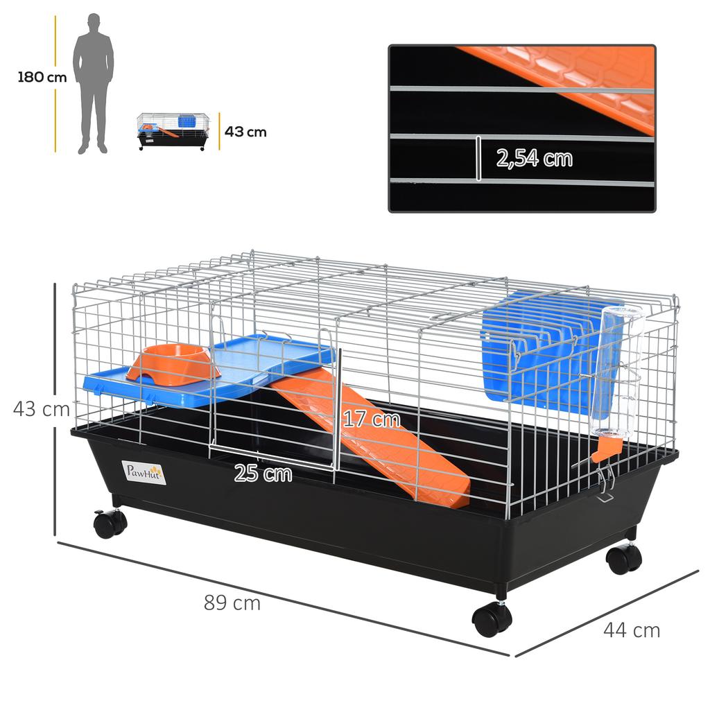 Small Rodent Cage with Wheels, Habitat for Ferrets, Guinea Pigs with Feeder, Water Bottle, Ramp and Opening Roof, 89x44x43 cm, Black