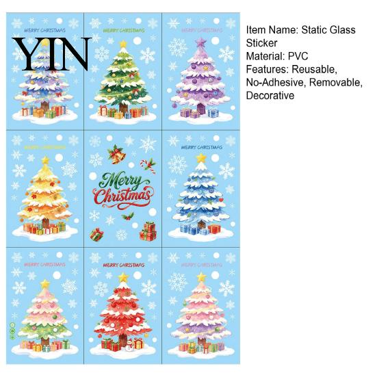 Glue-free Window Film 9Pcs Macaron Christmas Tree Static Clings, Snowflake Gift Clings Glass Stickers, Reusable Decals for Shop Home Holiday