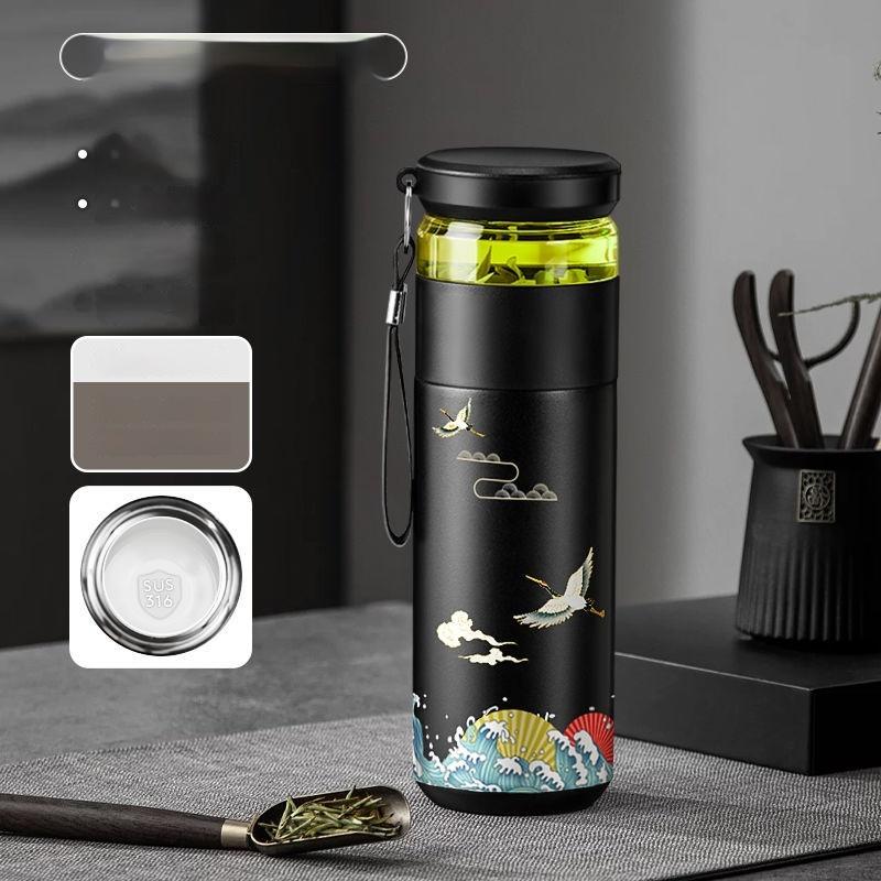 GIANXI 500ML Stainless Steel Thermos Bottle With Lid Portable Vacuum Flasks Red-crowned Crane Pattern Coffee Tea Water Bottle