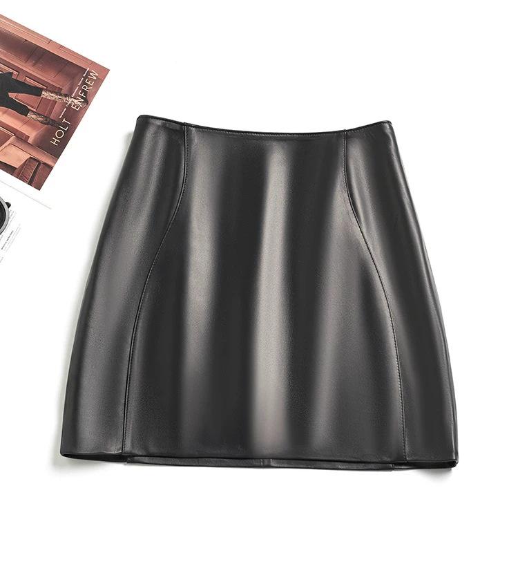 

Genuine European & American High Waist Leather A-line Skirt for Women XL чорний