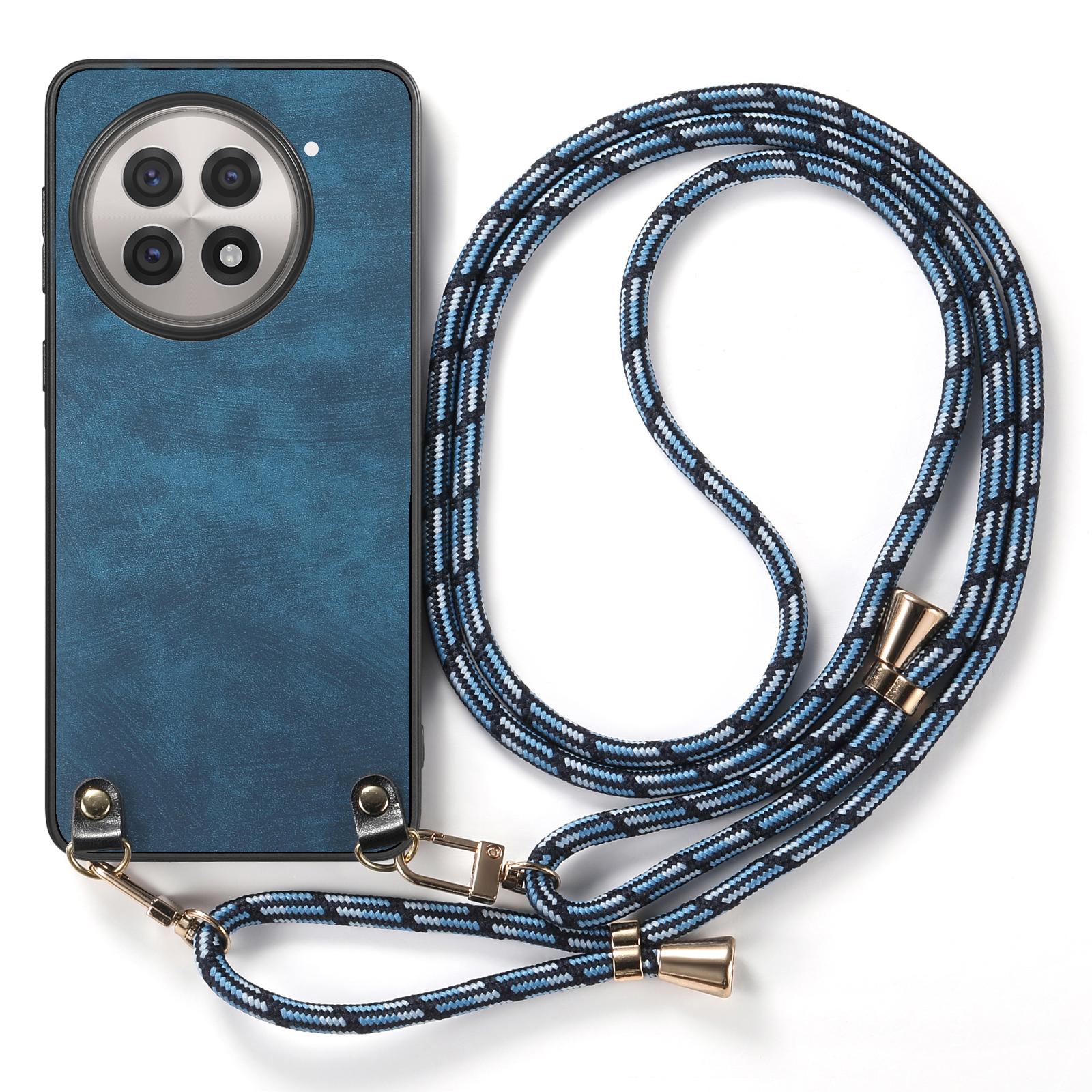 

For OnePlus 13R 5G Retro Leather Phone Back Cover with Adjustable Strap Blue