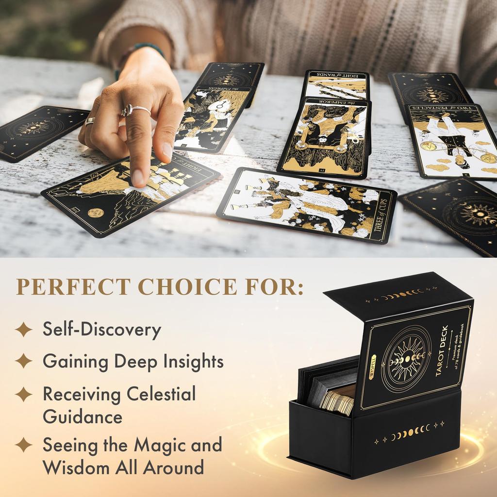 Wyspell Classic Tarot Deck with Guidebook 78 Gold Tarot Cards for Beginners Tarot Deck Set Black Tarot Decks with Guidebook Original Tarot Cards Deck