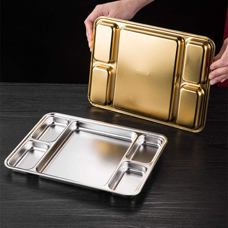 Gold Compartment Dining Plate For Food Serving Trays Stainless Steel Divided Dishes Kitchen Tableware Organization Container