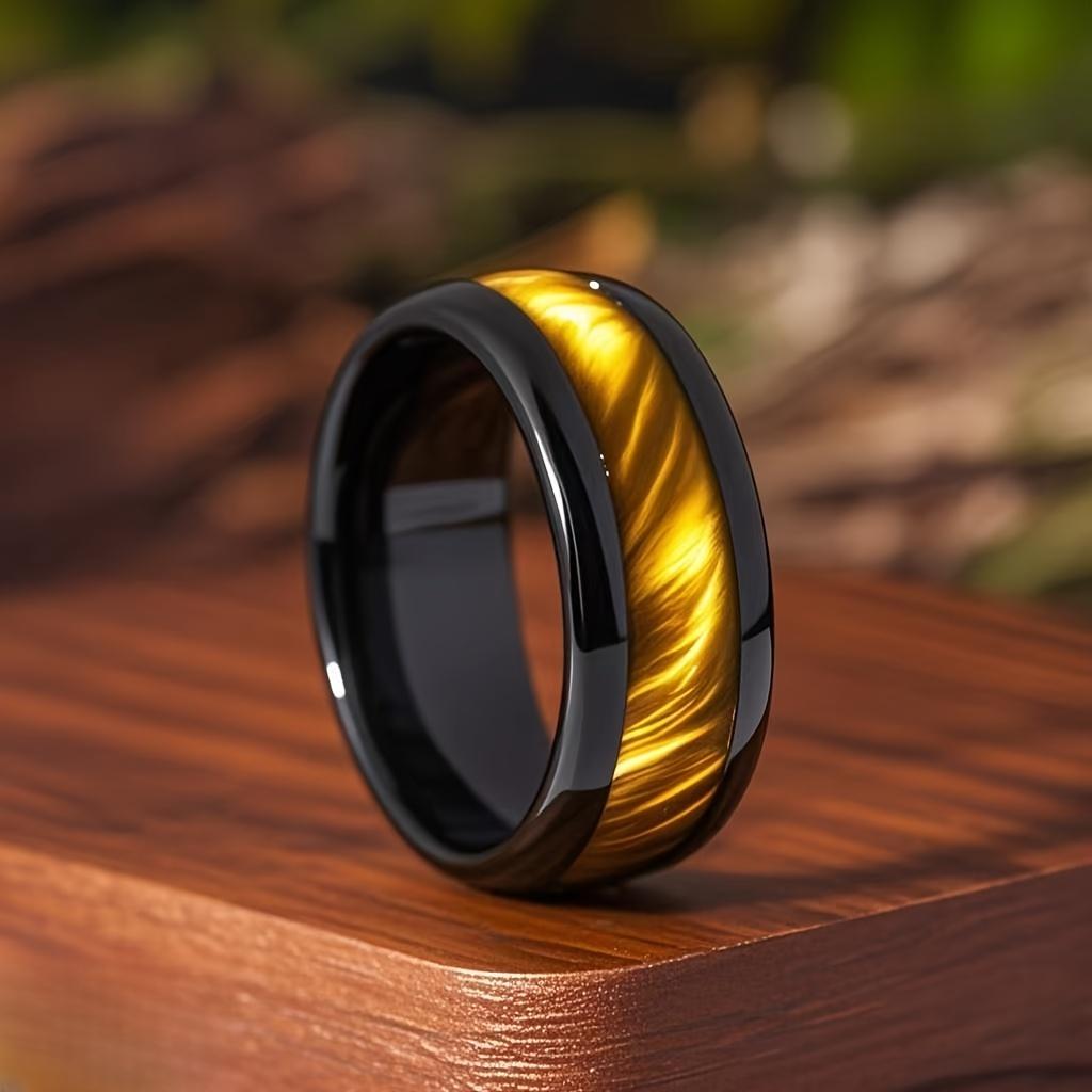 With Brown Tiger'S Eye Wood Inlay Rings Fashion 8mm Black Men Stainless Steel Ring for Men Women Wedding Jewelry Drop Shipping