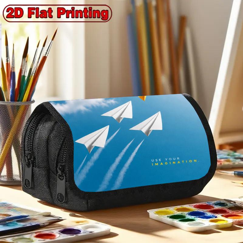 1pc Retro Paper Airplane Pencil Case Suitable for Schools, Large Capacity Double Layer Flip Design with Zipper Closure, Retro Yellow Paper Airplane Pr