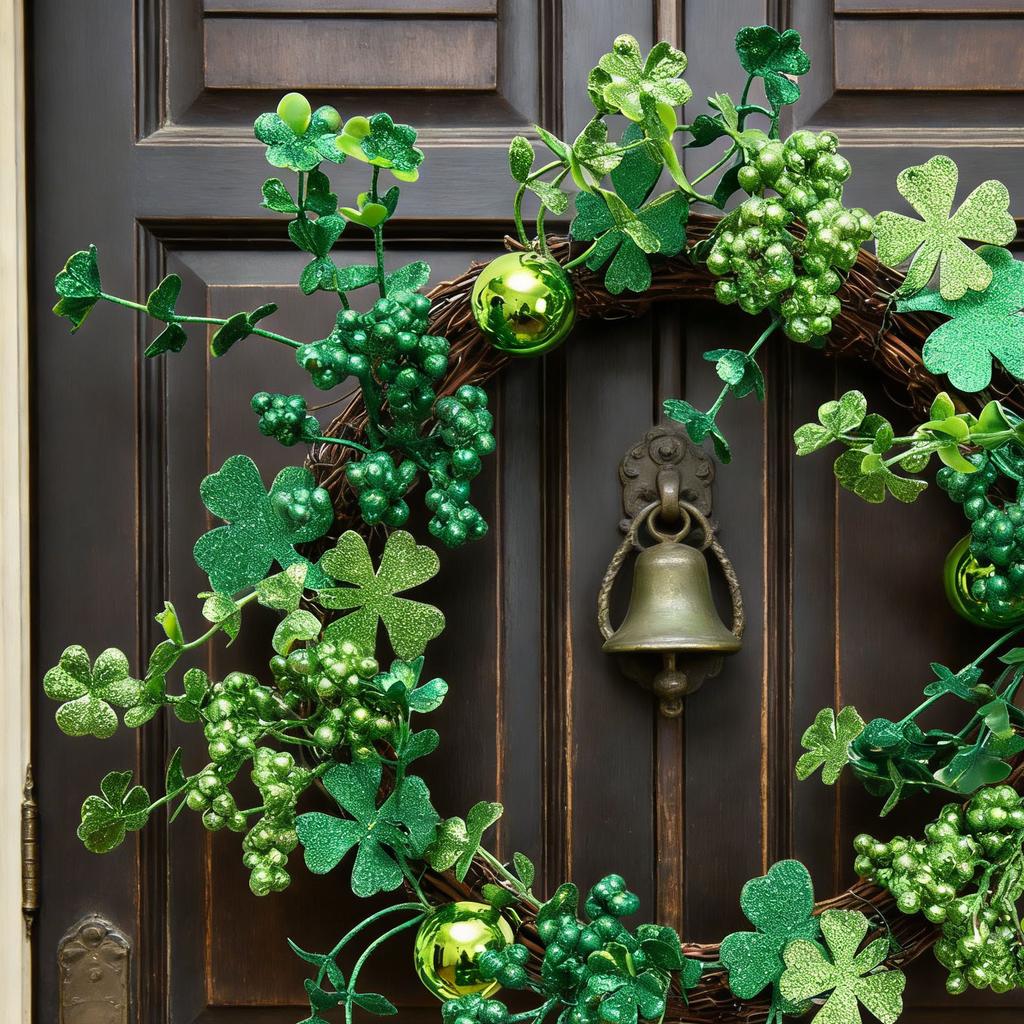 St Patricks Day Wreath for Front Door 15.7 Inch Artificial Clover Lucky Shamrock Wreath for Spring Summer Party Decor