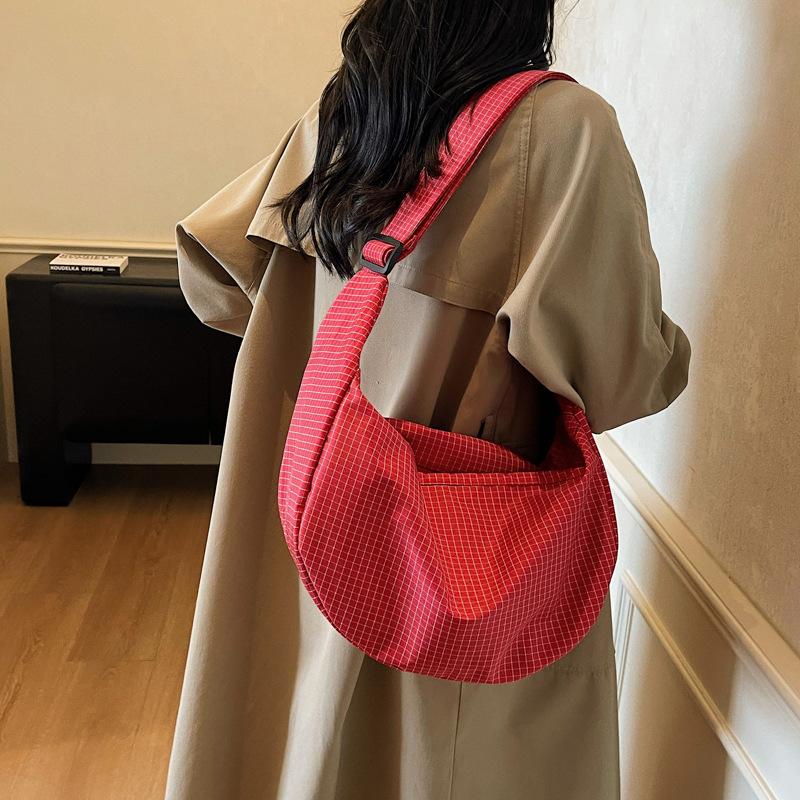 Large Capacity Plaid Canvas Bag Women's Lightweight Handbag Shoulder Crossbody Dumpling Bag