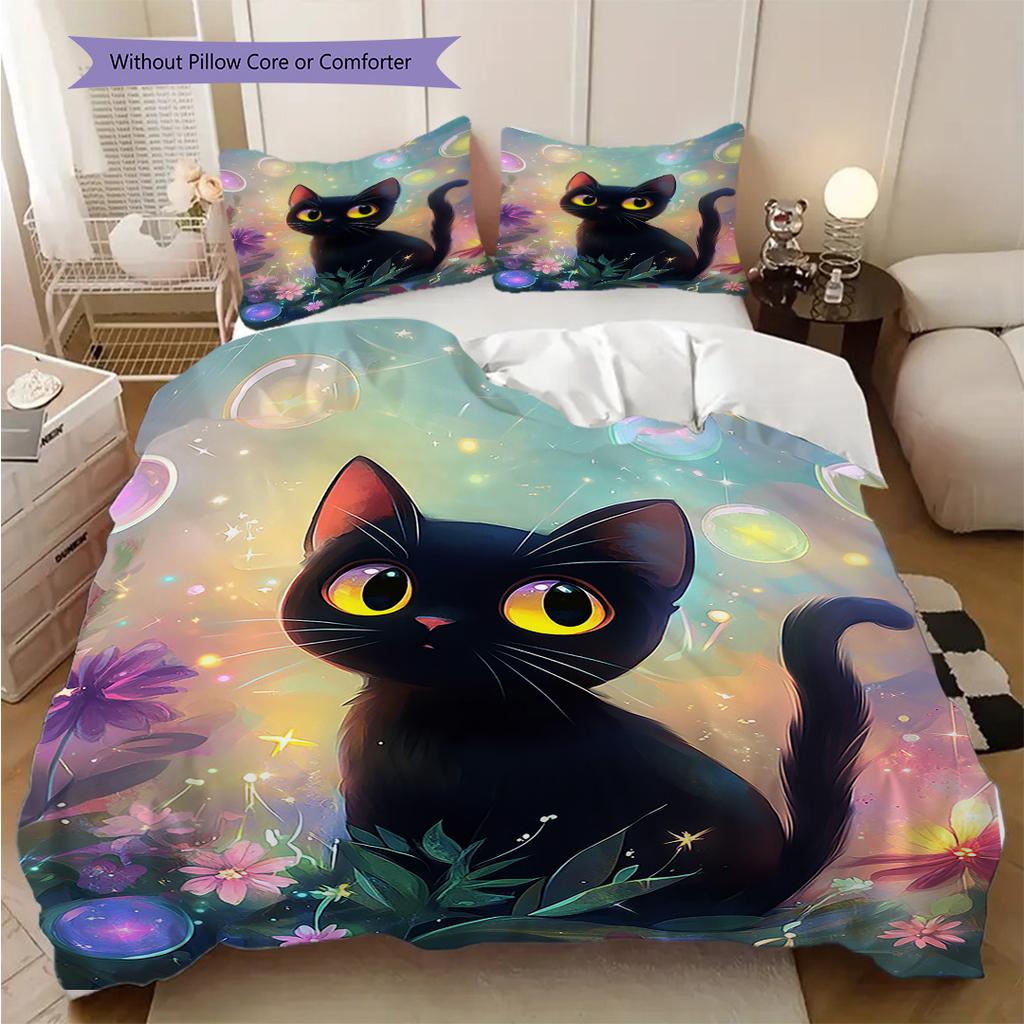Black Cat Pattern Bedding Quilt Set Quilt Cover Pillowcase Home Decoration Birthday Gift (1 * Duvet Cover + 2 * Pillowcase, Without Core)