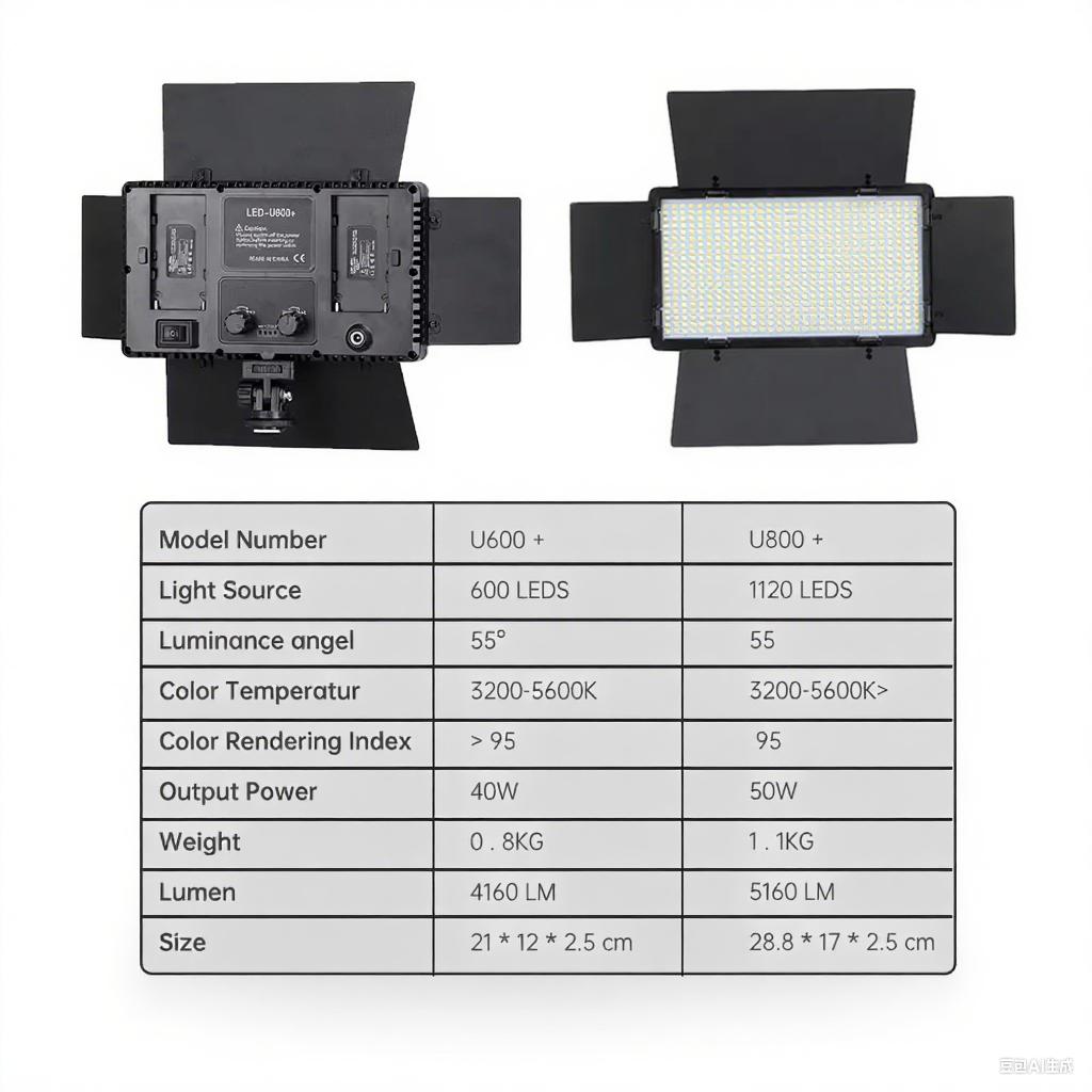 U600 U800+ LED Video Light Photo Studio Lamp Bi-Color 3200K-5600k Dimmable with Tripod Stand Remote for Video Recording Para