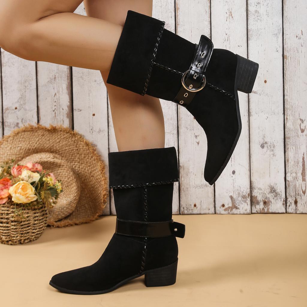 New Style Popular Women's Heels Boots Dancing Woman Faux Suede Mid-calf Winter Boots Dance Black Soft Sole Zapatos Mujer
