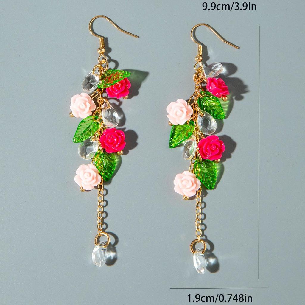 European and American Cross-Border Fashionable Elegant Colorful Rose Leaf Pendant Earrings for Women's Jewelry Forest Women's Style Earrings