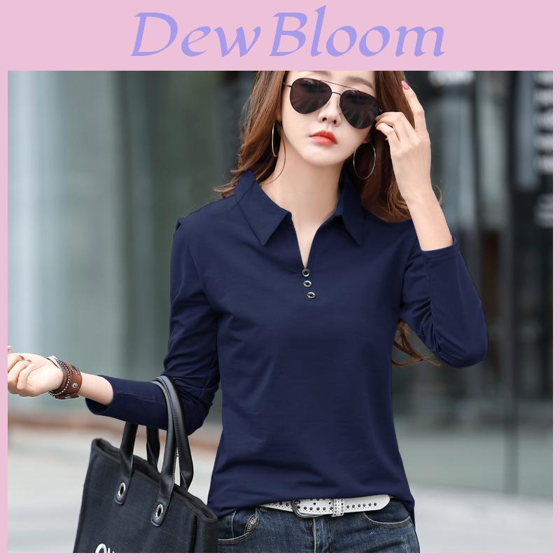 Elegant Long Sleeve Polo T Shirt For Women With Spliced Design Made Of Cotton And Spandex For Office Wear