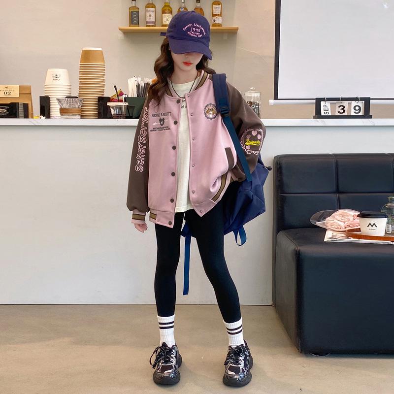 

Бейсбольная куртка Colorblock для девочек — повседневная куртка с буквами в корейском стиле на весну/осень для больших детей 2025 г. 160 cm