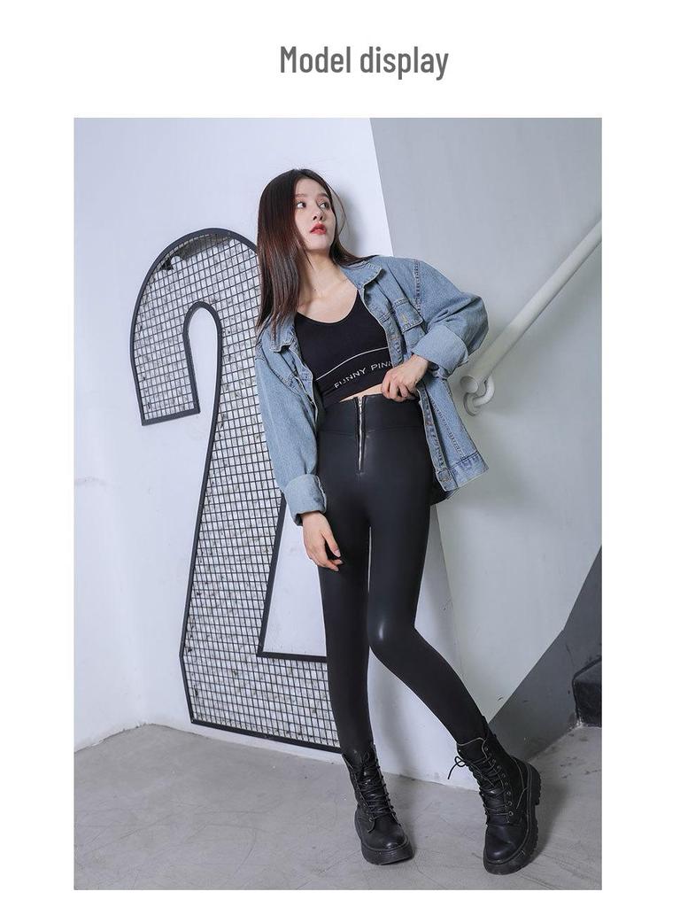 Women's High-Waisted Zipper Matte Leather Leggings - Fleece-Lined, Elastic, Slimming (Autumn/Winter 2020)