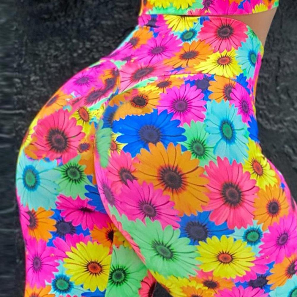 New Chrysanthemum Print Nude Yoga Trousers Hip Lift High-waisted Sports Fitness Nine-minute Trousers Sports Fitness Trousers Women