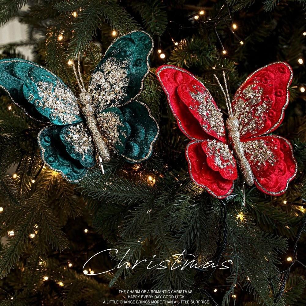 Clip Glitzer Weihnachtsblume Simuliert Exquisit Weihnachtsbaum Dekoration Pailletten Beflockung Anhänger Blumenarrangement