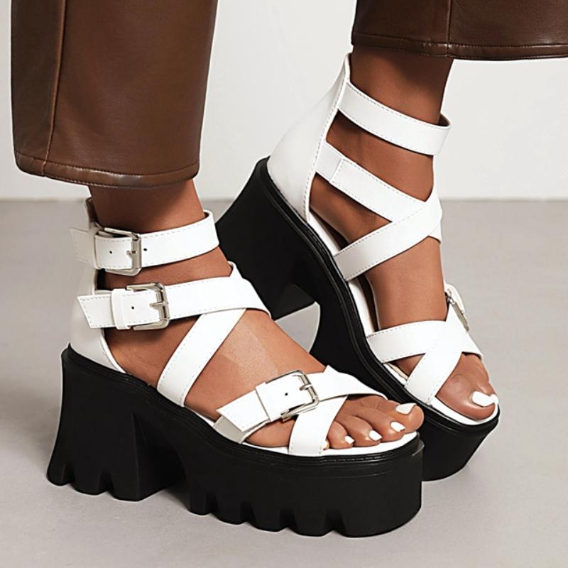 Sexy Platform Women's Sandals Summer Shoes 2025 Punk High Heels Buckle Strap Slippers Black White Party Dance Shoes Female