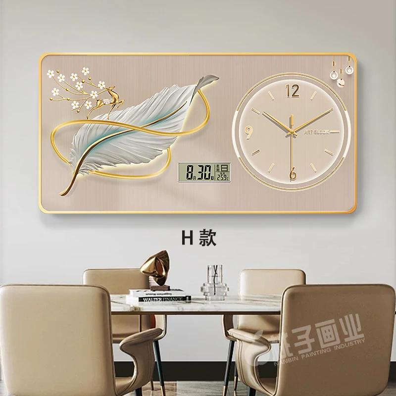 New perpetual calendar decorative painting light luxury feather wall clock living room hanging painting home electronic clock