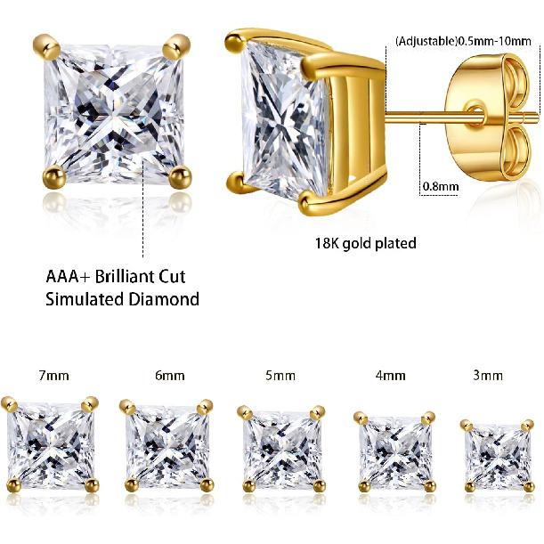 5 Pairs Princess Cut Cubic Zirconia Stud Earrings for Women/Men - 18K Gold Plated Hypoallergenic 3-7mm Square Clear CZ Earring Set