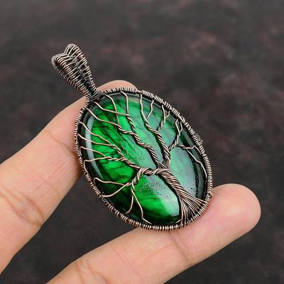 Pendentif arbre de vie en labradorite verte feu, pendentif enveloppé de fil de cuivre, pendentif en pierre précieuse fait à la main, bijoux enveloppé de fil de cuivre, cadeau pour femme