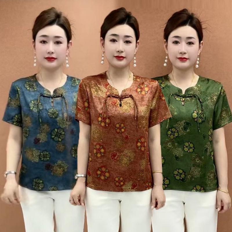 Summer 2026 Retro Chinese Style Printed T-shirt for Middle-Aged & Elderly Women - Slimming Short Sleeve Round Neck