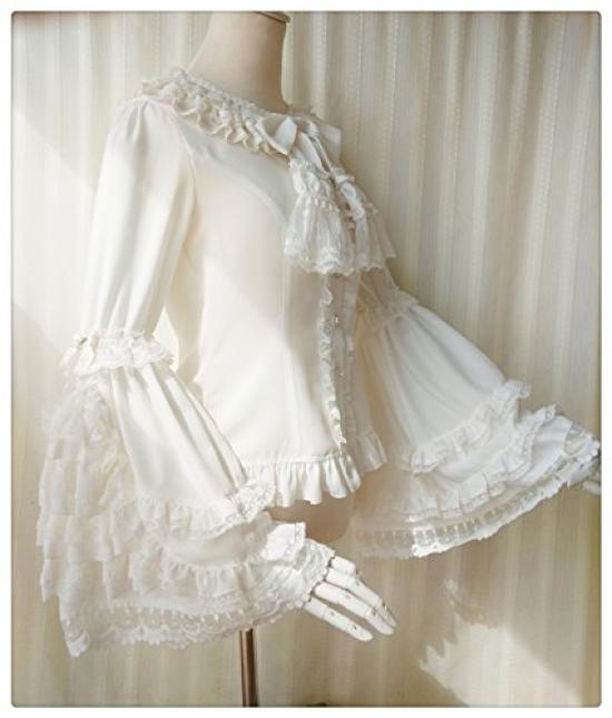 Lolita Blouse Princess Long Round Milky Lolita Ruffle Princess Perfect for Tea Gothic Gothic Blouse Shirt [cnstone] Shirt, Sleeves, Sleeves, Collar,