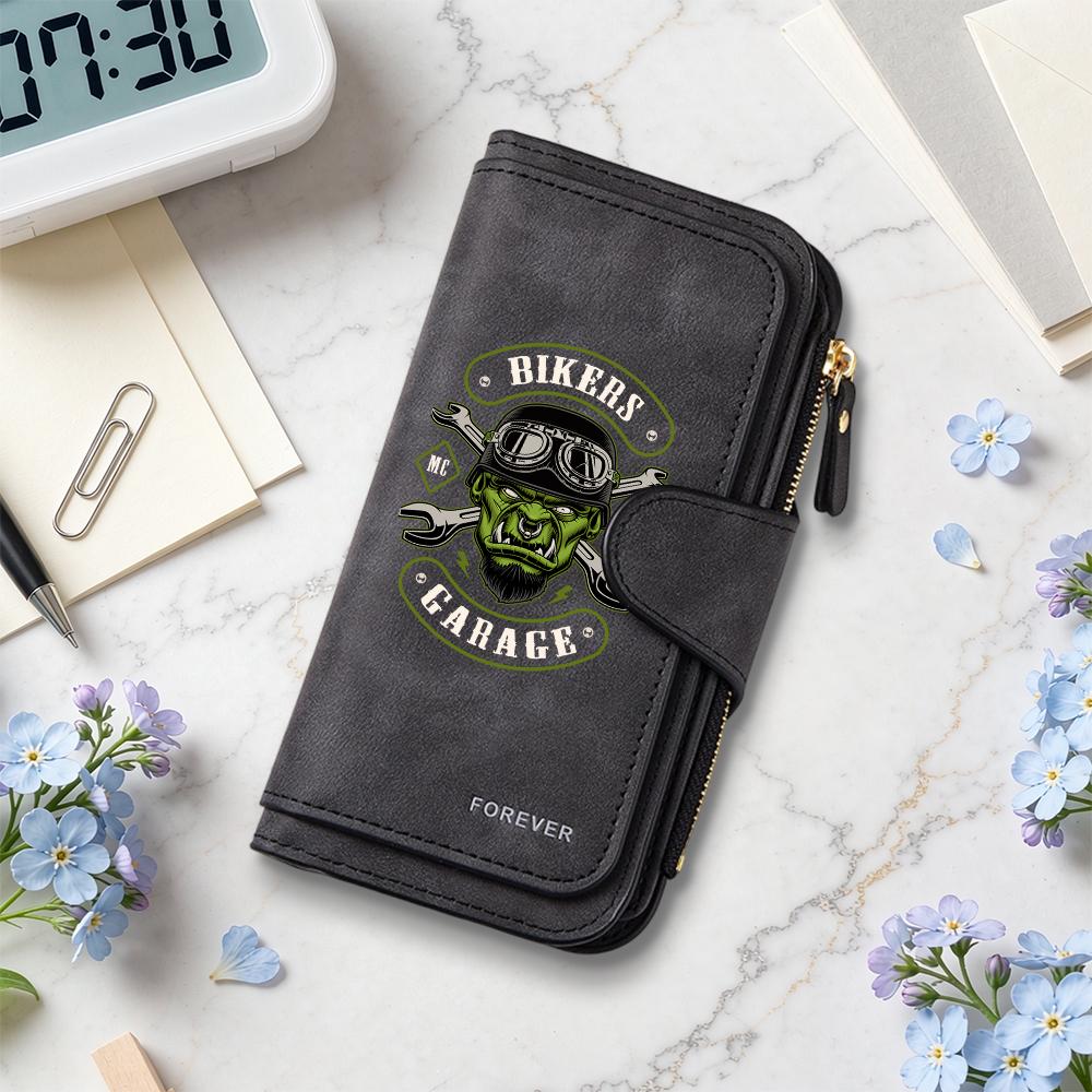Bikers Garage Print Purse Multi Slot Slim Wallet Portable Card Holder Fashionable Casual Daily Use Wallet