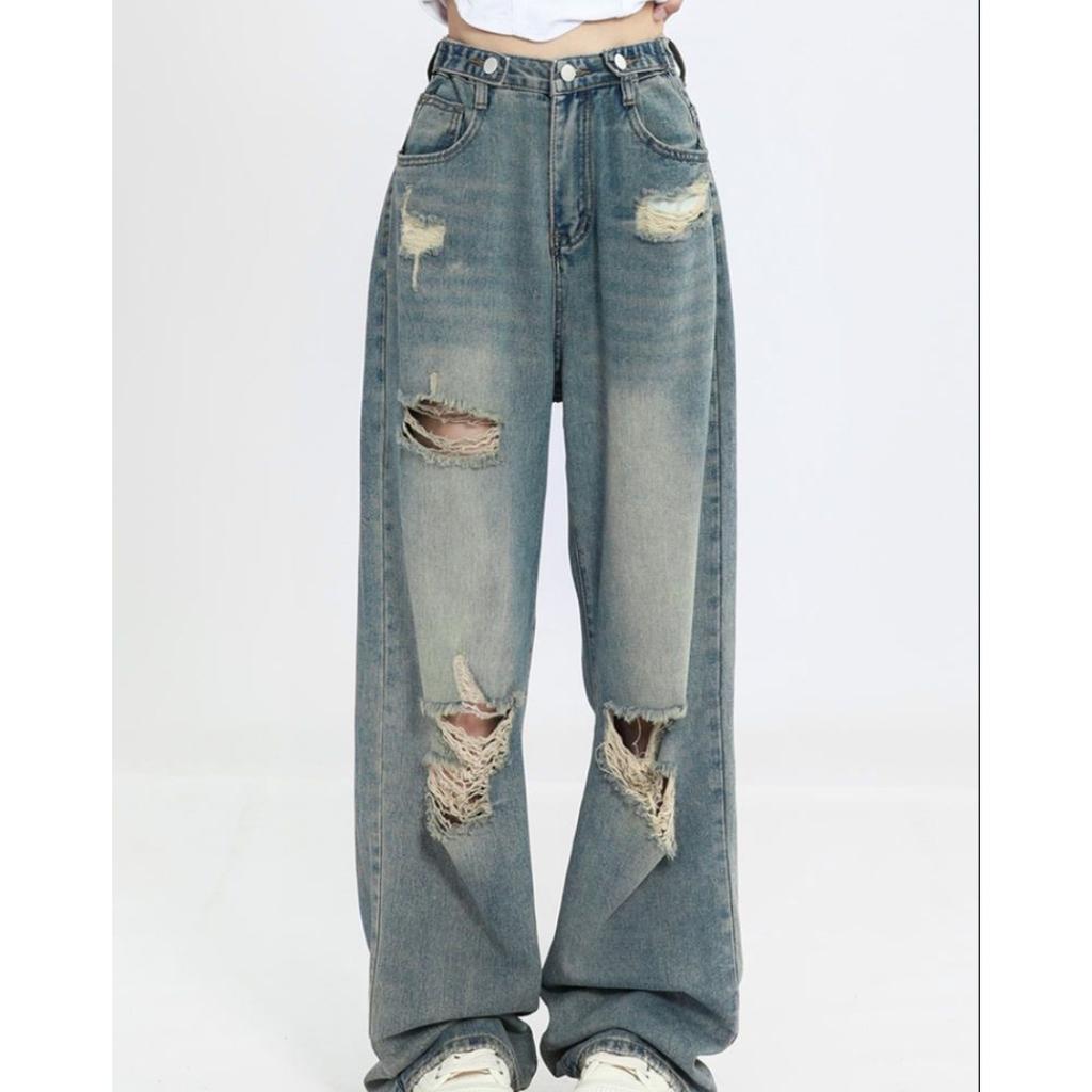 American Retro Ripped Jeans for Women High Waist Straight Loose Slimming Design High Street Vibe Wide Leg Floor-Length Pants