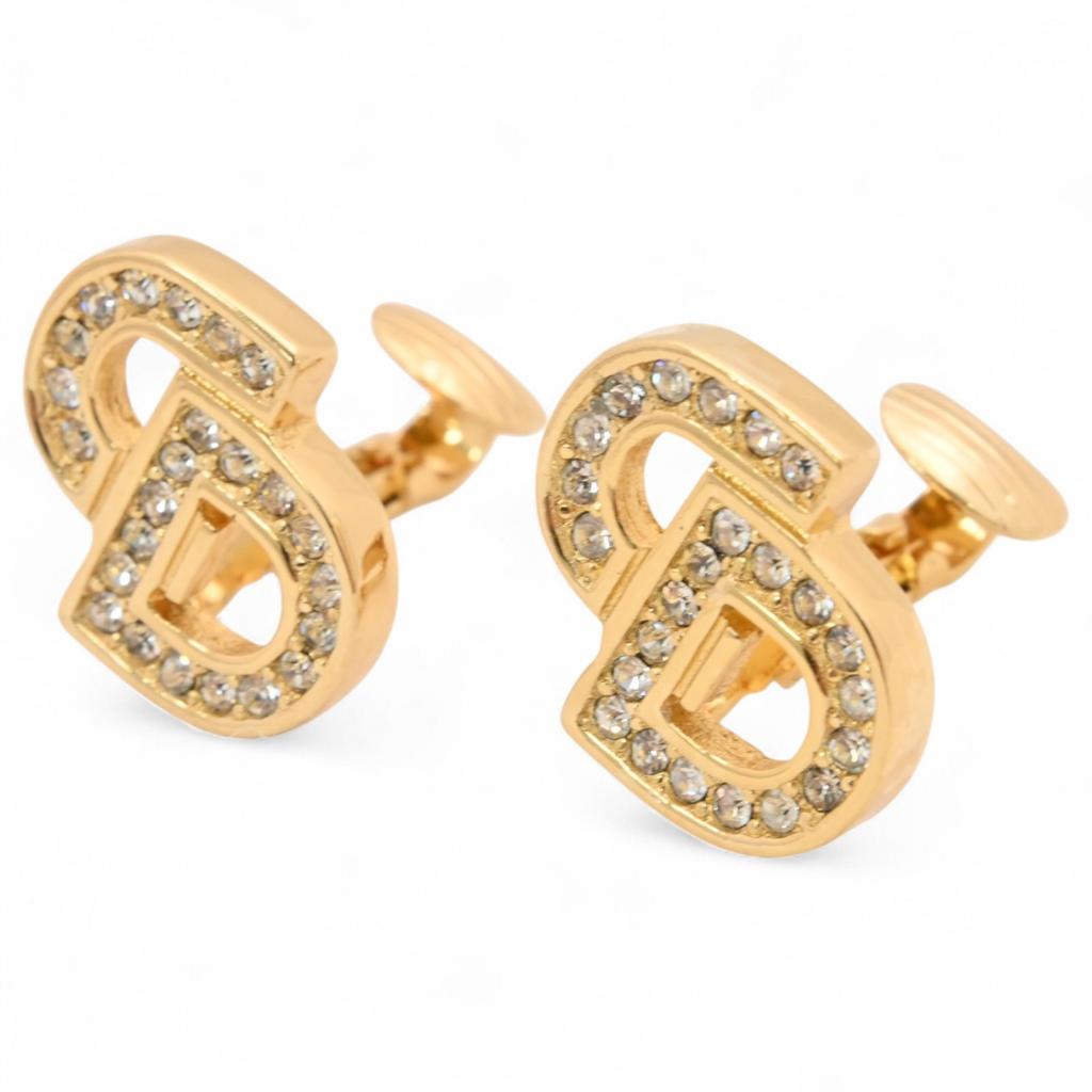 Auth DIOR CD Logo Rhinestone Earrings Jewelry Vintage Gold Tone Di2207ju