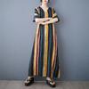 Summer Thin Cotton Linen Print V-neck Loose Oversized Simple Casual Vacation Style Medium Long Dress for Women Dresses