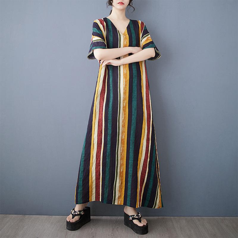 Summer Thin Cotton Linen Print V-neck Loose Oversized Simple Casual Vacation Style Medium Long Dress for Women Dresses