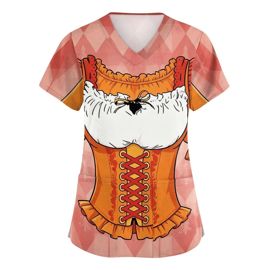 Women V Neck Short Sleeve Work Shirt with Pockets Oktoberfest Print Nursing Scrub Top Comfortable Fit Lightweight Fabric