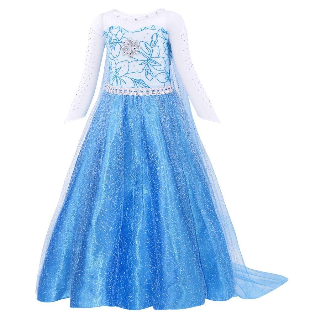 Frozen Elsa Dress Costume for Girls Ages 3-4 Years 110cm Dark Blue + Party Chili® 4-Piece Accessory Set (Wand, Crown, Wig, Gloves)