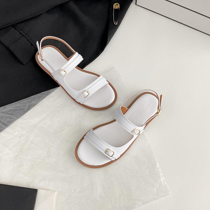 Fashion Double Buckle Band Flat Sandals Women Black/white Leather Back Strap Gladiator Sandalias Mujer Casual Summer Beach Shoes Student