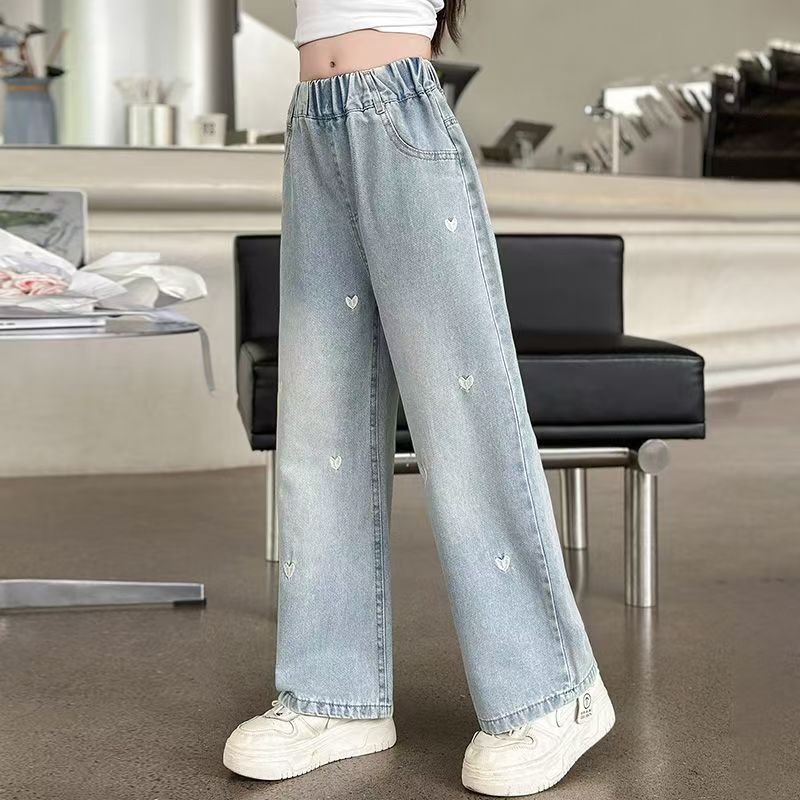 Sommer Mädchen Mittelschule Mode Lose Einfarbig Kleine Liebe Jeans Freizeithosen Weite Beinhosen 4-10 Jahre Alt