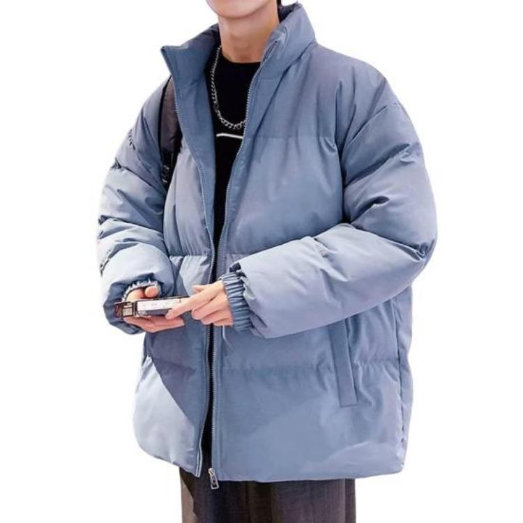

Thickened Cotton Padded Coat Stand Collar Zipper Placket Long Sleeve Jacket Solid Color Puffer Outwear with Side Pockets M синий