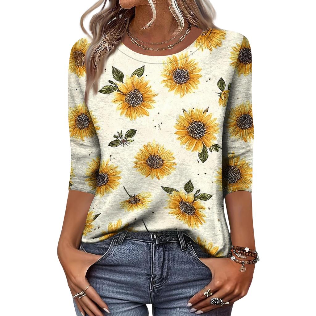 Women's Fashion Casual Round Neck 3/4 Sleeve Loose Printed T-Shirt Ladies Top