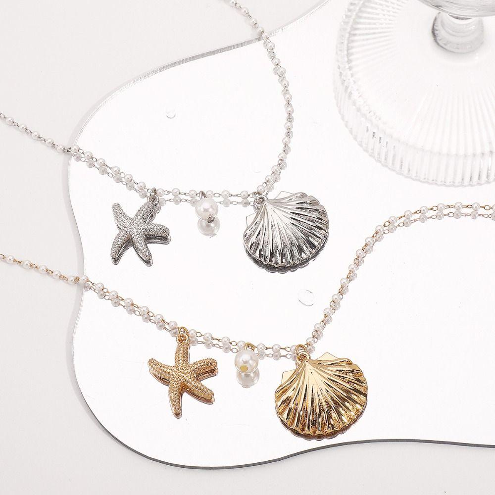 Sweet Starfish Shell Collarbone Chain Seaside Vacation Women Pearl Pendant  Summer