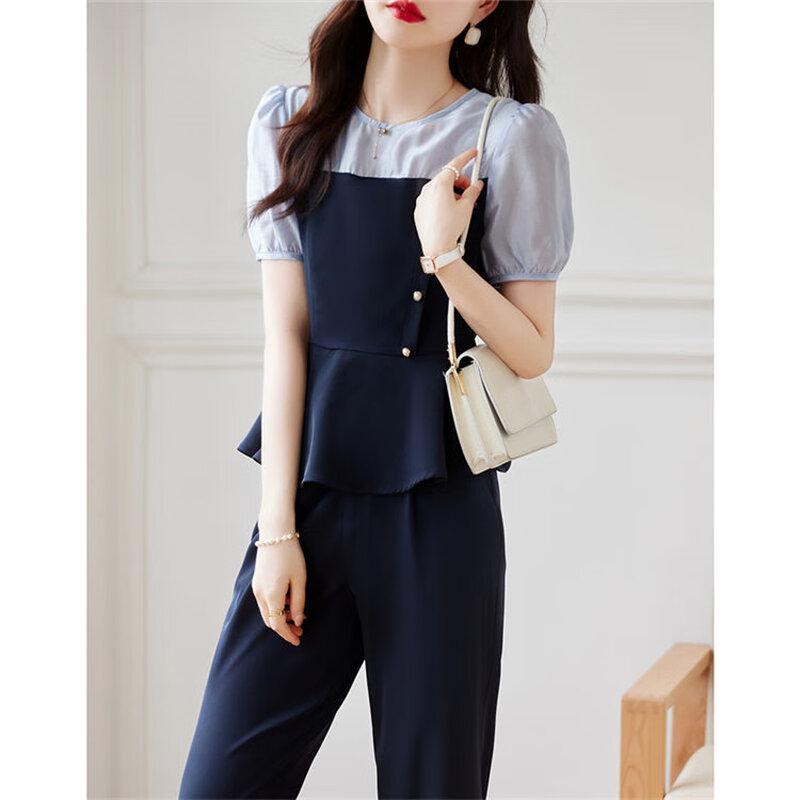 Women's Summer Color Block Shirt & Cropped Pants Set