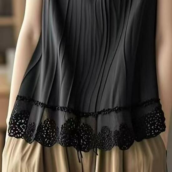 Women's Plus Size Cotton Linen Lace Hem Camisole Vest (2026 Spring/Summer) - Tummy Covering Sleeveless Top