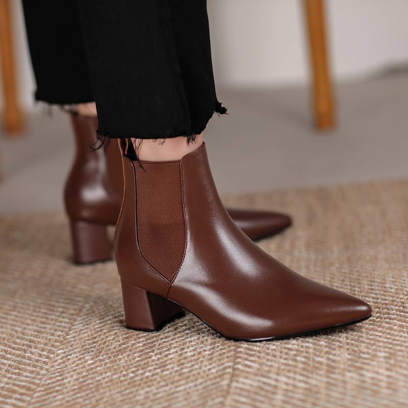 Krazing Pot Kravská kůže Zimní Špičaté špičky Silné střední podpatky Chelsea boty Dámské Nazouvací Velká velikost Retro Stručný styl Kotníkové boty