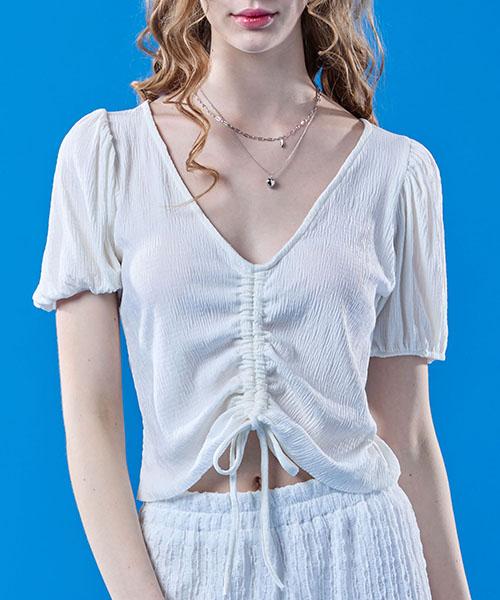 KOLEAT Cooling Pleated Ribbon Puff Crop Short Sleeve Tee [White] V-Neck Ver.